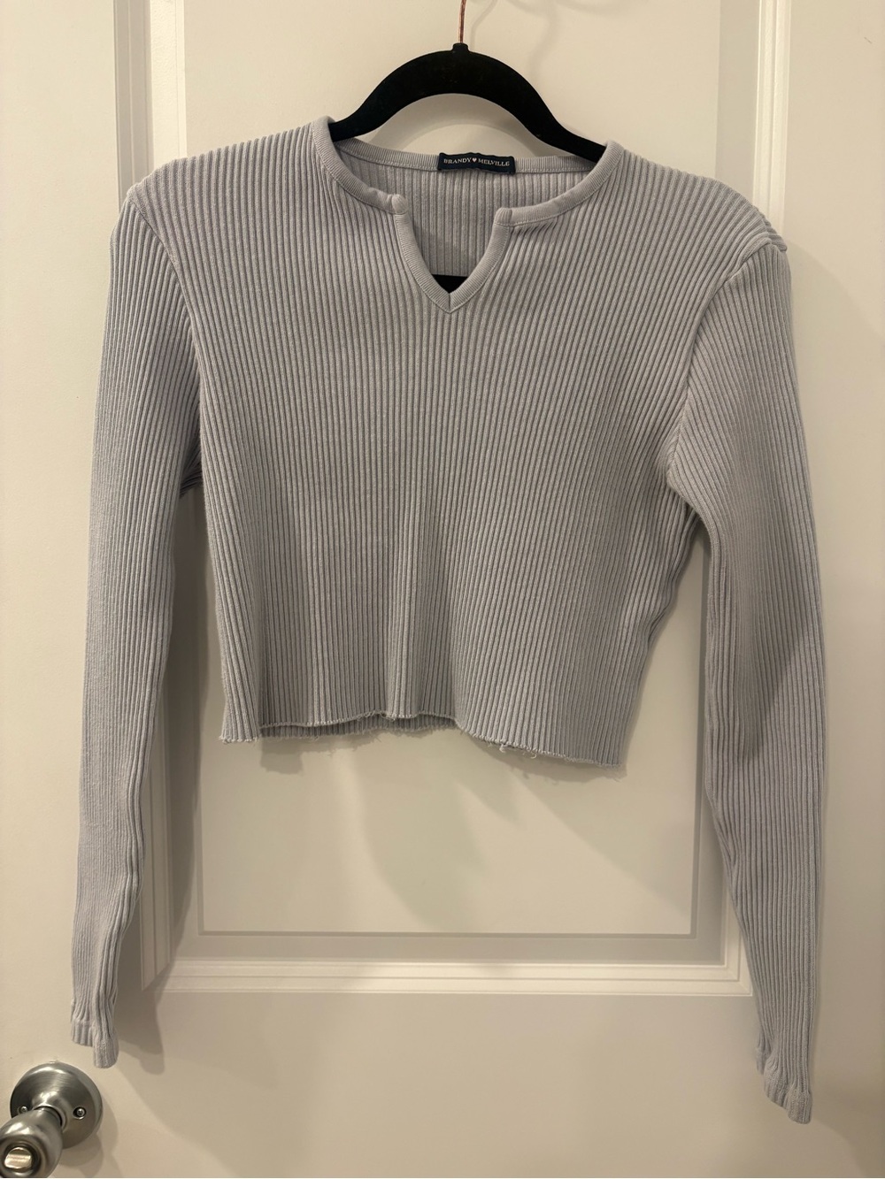 Brandy Melville Light Gray Ribbed Notch-Neck Long Sleeve Crop Top